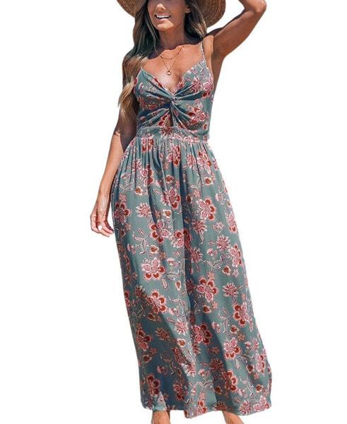 Women's Pink Floral Sweetheart Twist & Keyhole Maxi Beach Dress