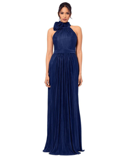 Women's Mock Neck Pleated Halter Gown