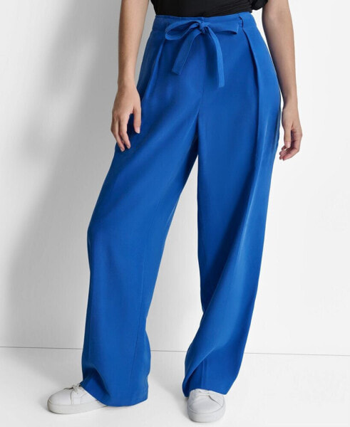 Women's Twill Tie-Front Pleated Wide-Leg Pants