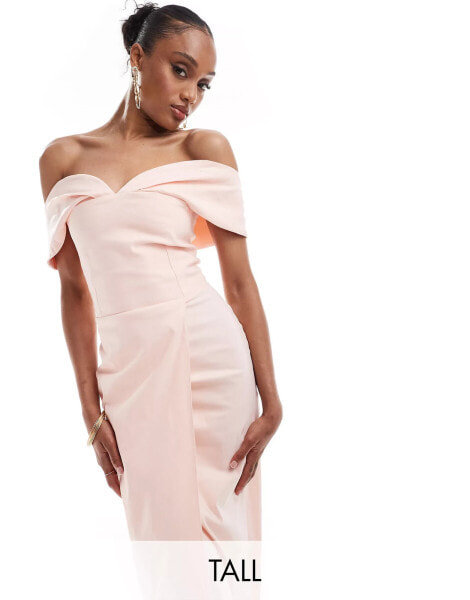 Vesper Tall bardot sweetheart neck wrap midaxi dress in baby pink