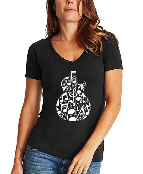 Women's Music Notes Guitar Word Art V-neck T-shirt