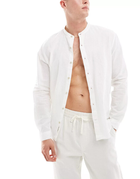 Pull&Bear linen look long sleeve grandad neck shirt in ecru