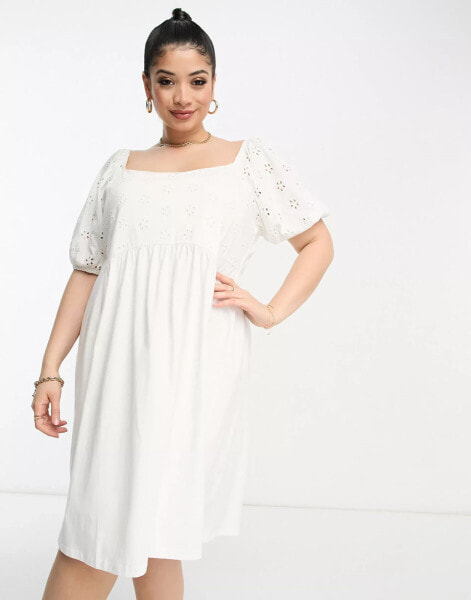 ASOS DESIGN Curve broderie mini smock dress with curve seam in white