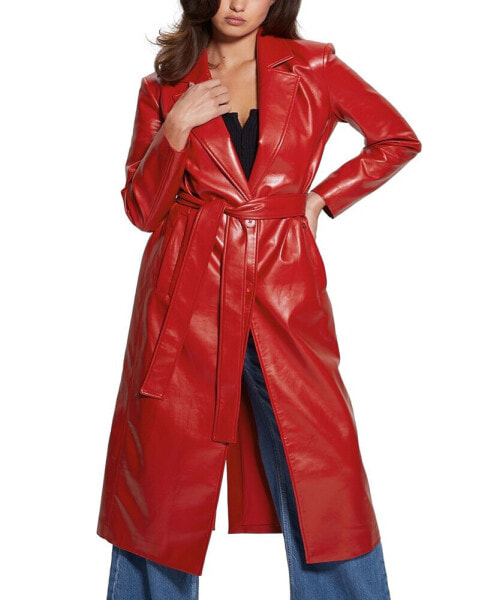 Women's Faux-Leather Belted Trench Coat