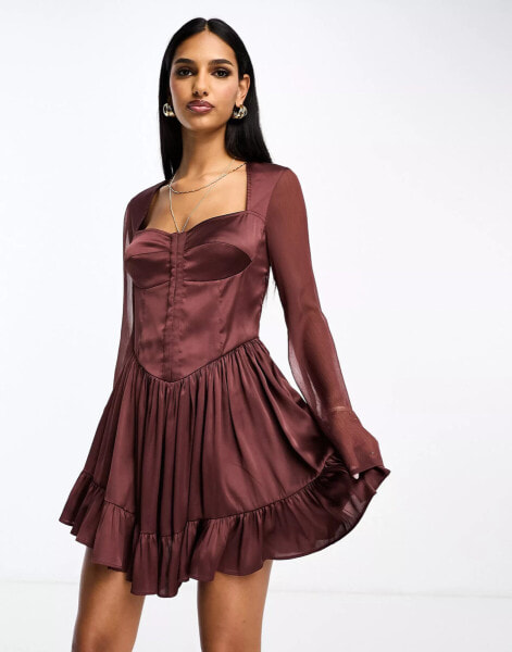 ASOS DESIGN bustier mixed satin and chiffon mini skater dress in plum