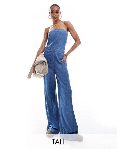 ONLY Tall bandaue wide leg denim jumpsuit in mid wash