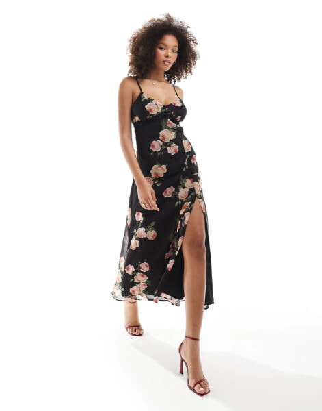 Miss Selfridge chiffon lace trim maxi dress in rose print