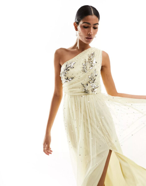 Maya embellished one shoulder maxi dress in lemon