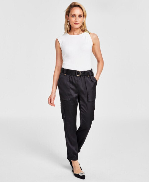 Women's High-Rise Belted Satin Cargo Pants, Regular & Petite, Created for Macy's