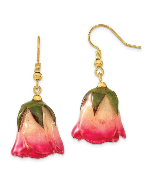 Lacquer Dipped White Pink Rosebud Gold-tone Dangle Wire Earrings