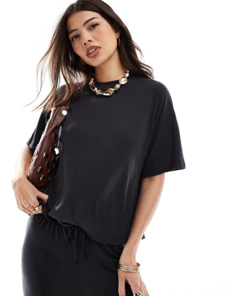 Pieces slinky super soft boxy t-shirt co-ord in black