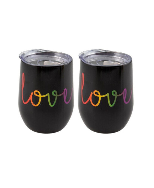 Double Wall 2 Pack of 12 oz Black Wine Tumblers with Metallic "Love" Decal