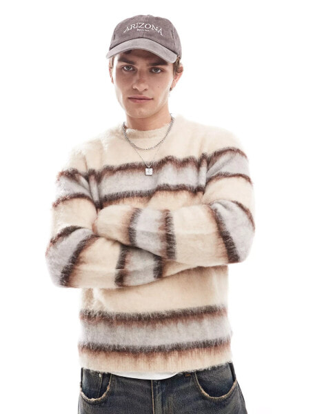 ASOS DESIGN fluffy knitted jumper in ecru and brown stripe