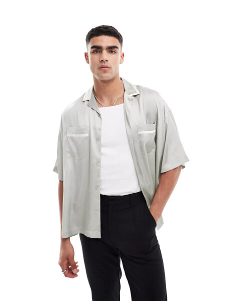 ASOS DESIGN oversized satin shirt with white piping detail in sage green