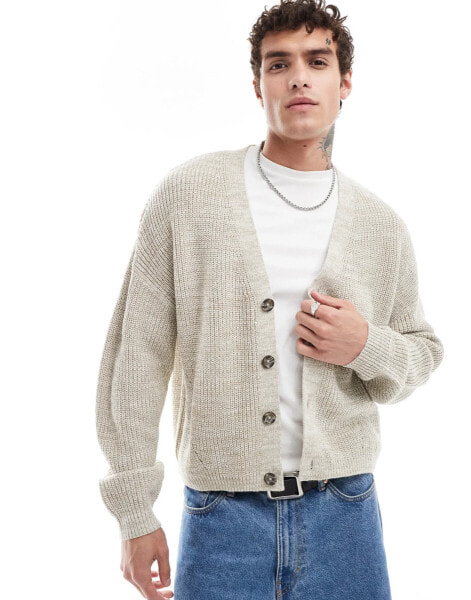 ASOS DESIGN relaxed knitted fisherman rib cardigan in stone