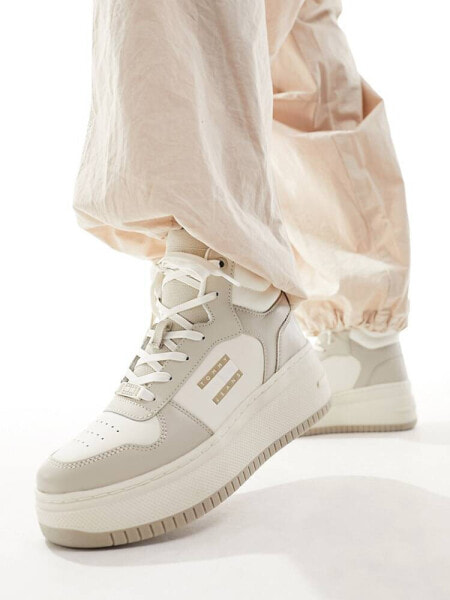 Tommy Jeans retro basket flatform high top trainers in stone