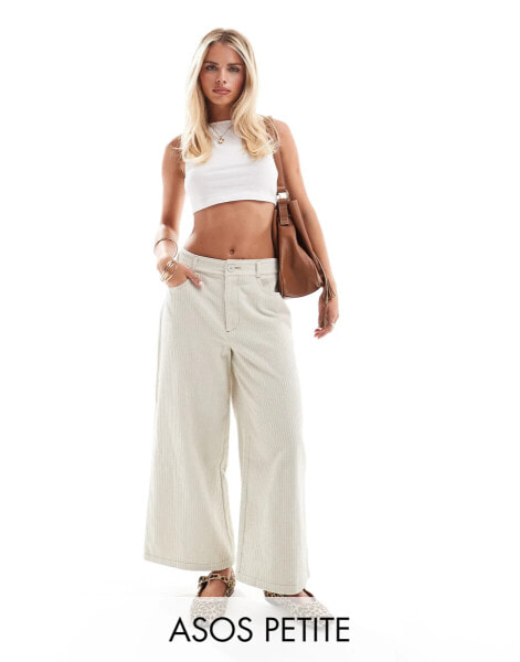 ASOS DESIGN Petite cord cropped wide leg trouser with contrast stitch in cream