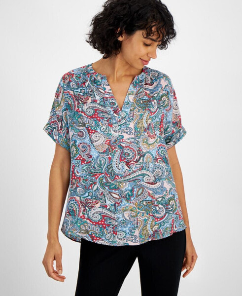 Women's Printed Split-Neck Rolled-Cuff Top