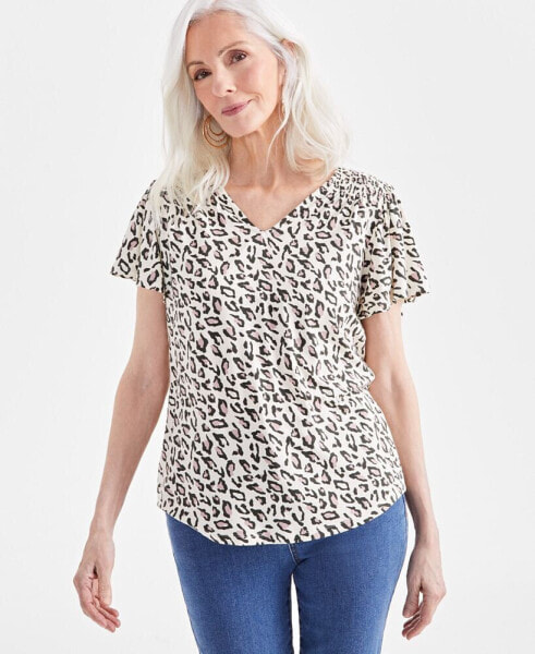 Women's Printed Smocked-Shoulder V-Neck Top, Created for Macy's