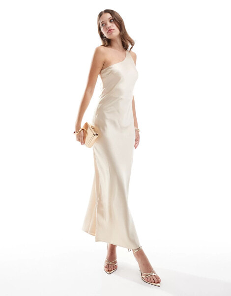 Object one shoulder satin maxi dress in cream