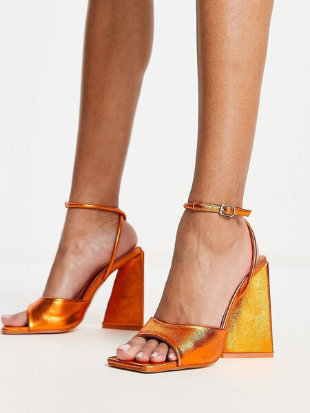 Public Desire Eagle triangle heel sandals in metallic orange