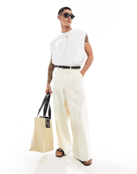 ASOS DESIGN smart linen blend wide leg smart trousers in ecru