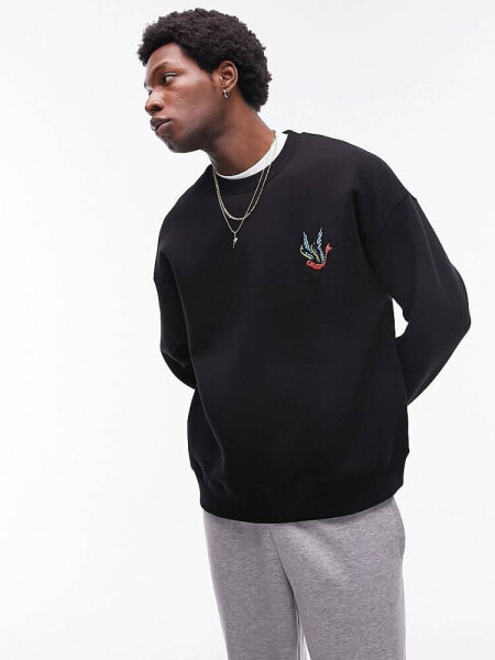 Topman oversized fit sweatshirt with swallow embroidery in black