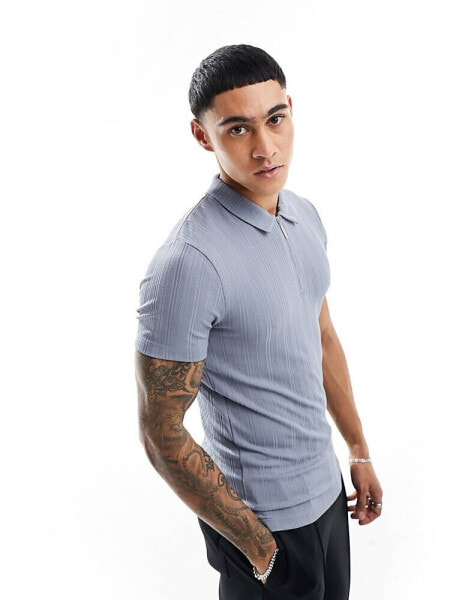 ASOS DESIGN textured short sleeve polo in blue