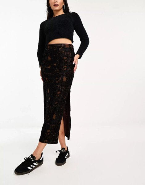 Free People velvet burnout midi skirt in black