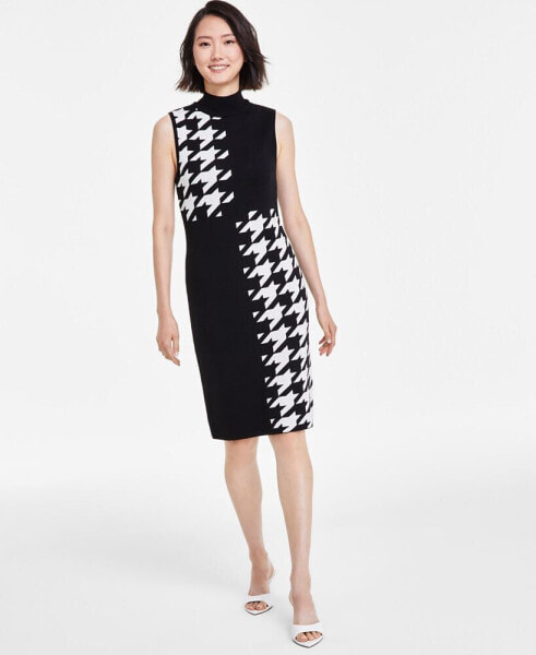 Women's Houndstooth Mock Neck Sleeveless Dress