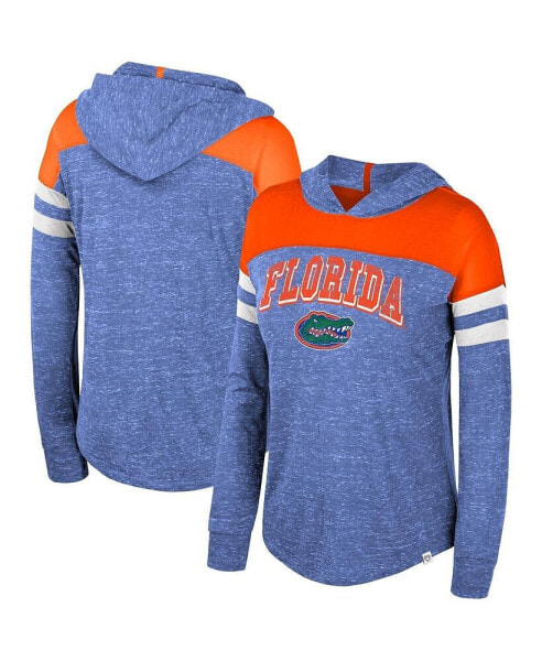 Women's Royal Distressed Florida Gators Speckled Color Block Long Sleeve Hooded T-shirt