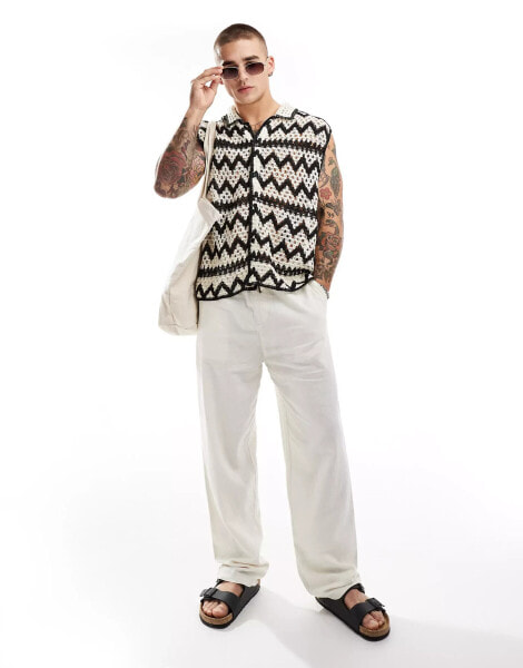 Bershka crochet patterned shirt vest in ecru