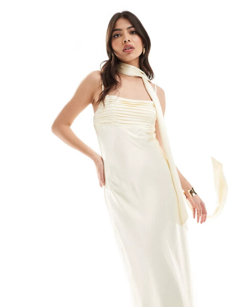 Forever New satin slip midaxi dress with neck tie in butter bean