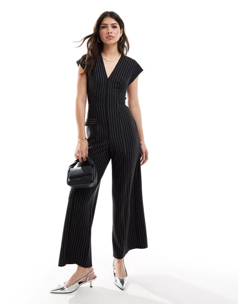 ASOS DESIGN v neck pinstripe jumpsuit with wide leg