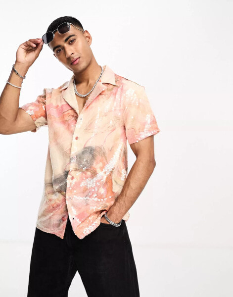 Labelrail x Stan & Tom revere collar marbled print sequin short sleeve shirt in multi