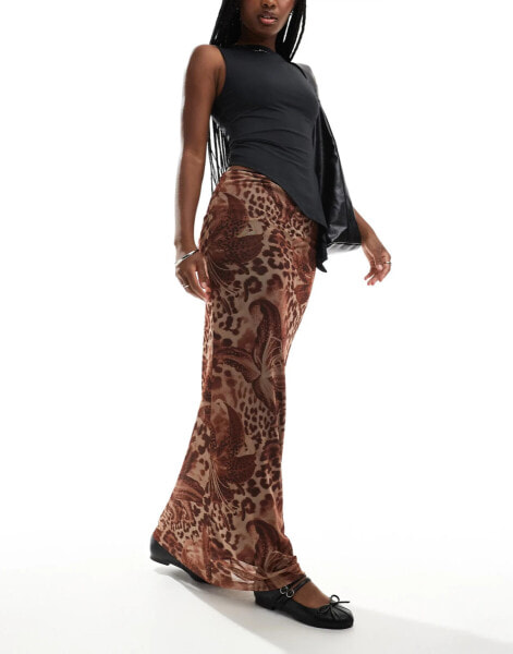 ASOS DESIGN floaty floral leopard mesh maxi skirt in brown