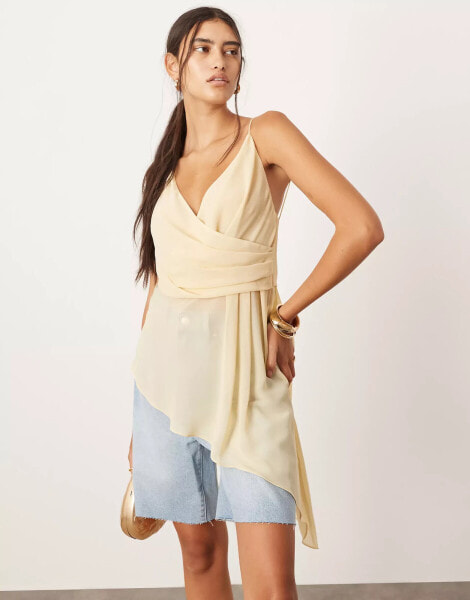 ASOS EDITION wrap front cami top with asymmetric hem in lemon