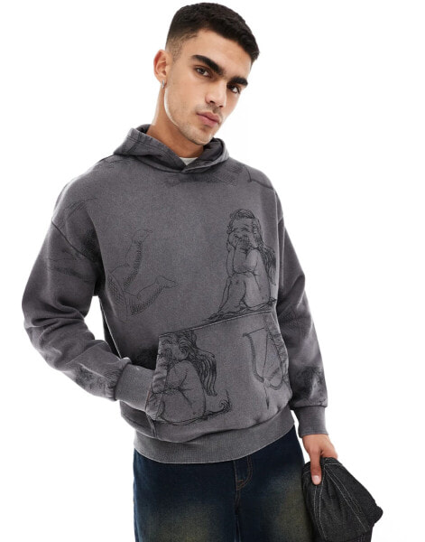 ADPT oversized hoody with all over angel print in grey acid wash