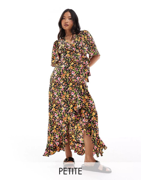 Vero Moda Petite wrap front maxi dress in dark floral print