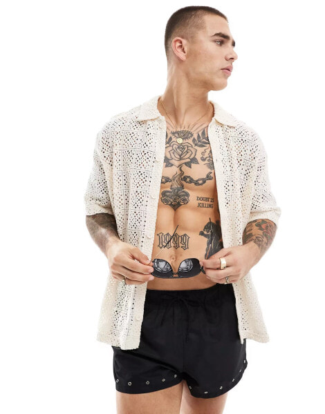 Bershka crochet patterned shirt in ecru