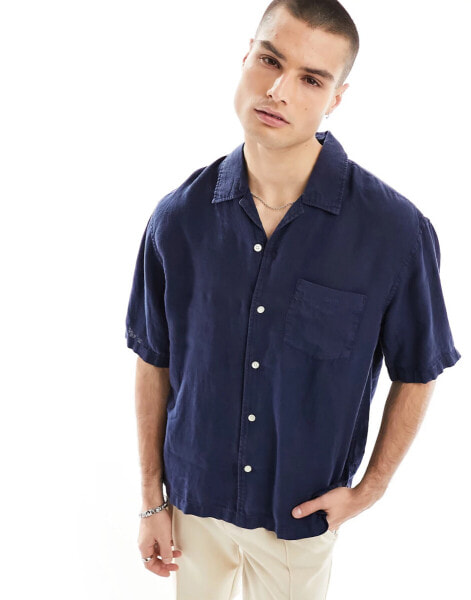 GANT short sleeve garment dyed linen revere collar shirt relaxed fit in navy