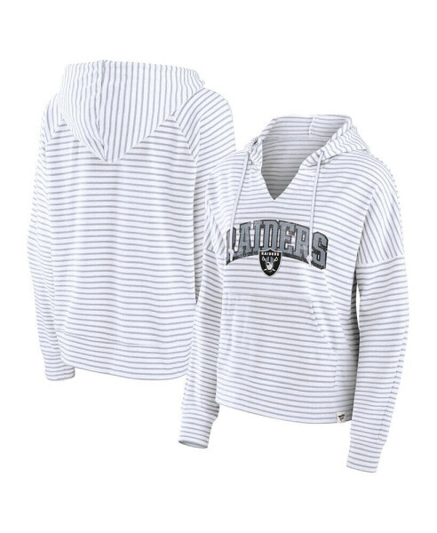 Women's White/Gray Las Vegas Raiders Striped Notch Neck Pullover Hoodie