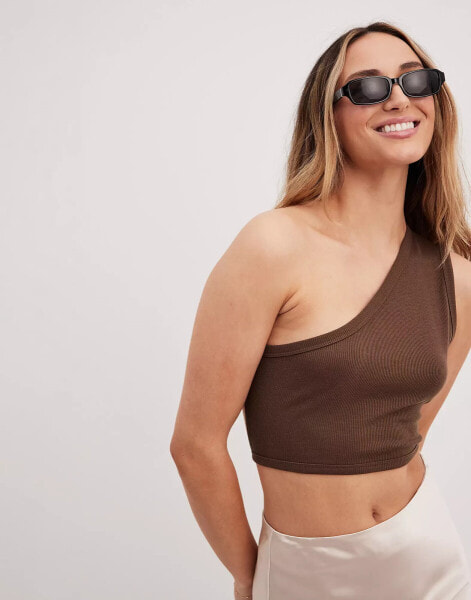 NA-KD one shoulder top with open back in brown