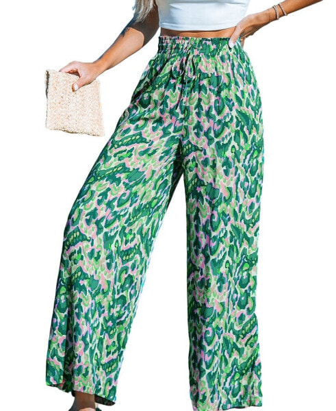 Women's Green and Pink Abstract Wide Leg Pants