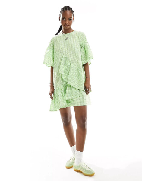 Native Youth ruffle detail gingham mini smock dress in green