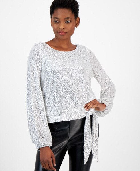 Women's Sequinned Tie-Hem Blouson-Sleeve Top