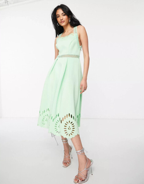 ASOS DESIGN cut work midi dress with scallop hem in green ash