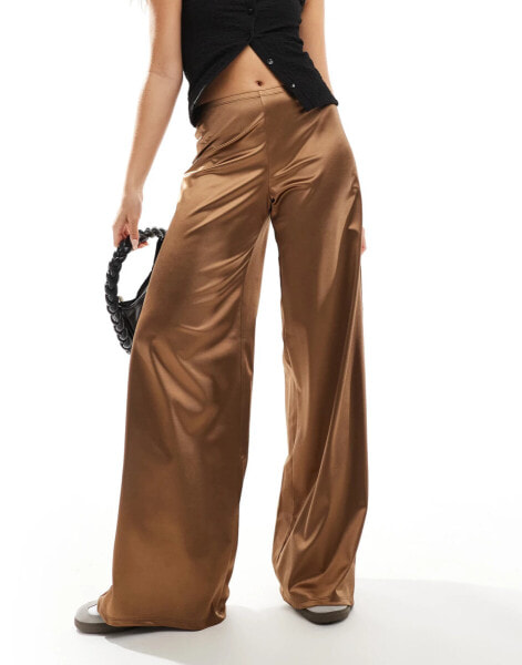 ASOS DESIGN stretch satin wide leg trousers with skinny waistband in chocolate