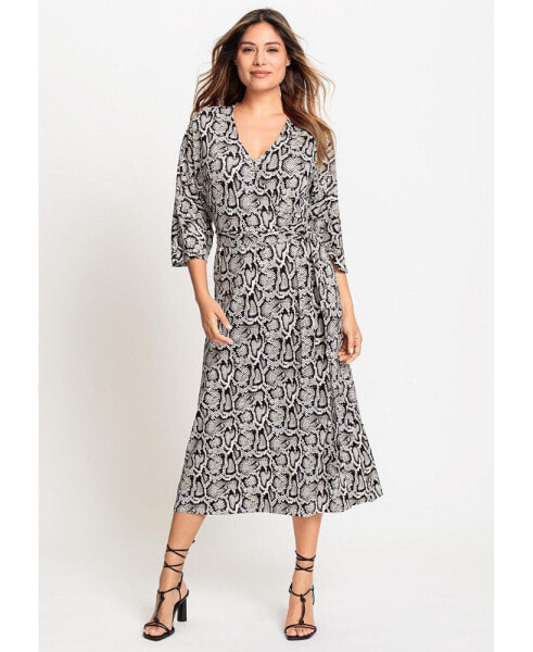 3/4 Sleeve A-Line Snake Print Midi Dress