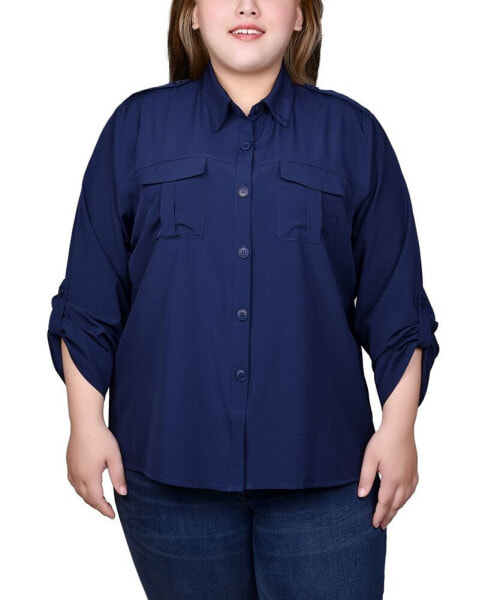 Plus Size 3/4 Sleeve Roll Tab Blouse